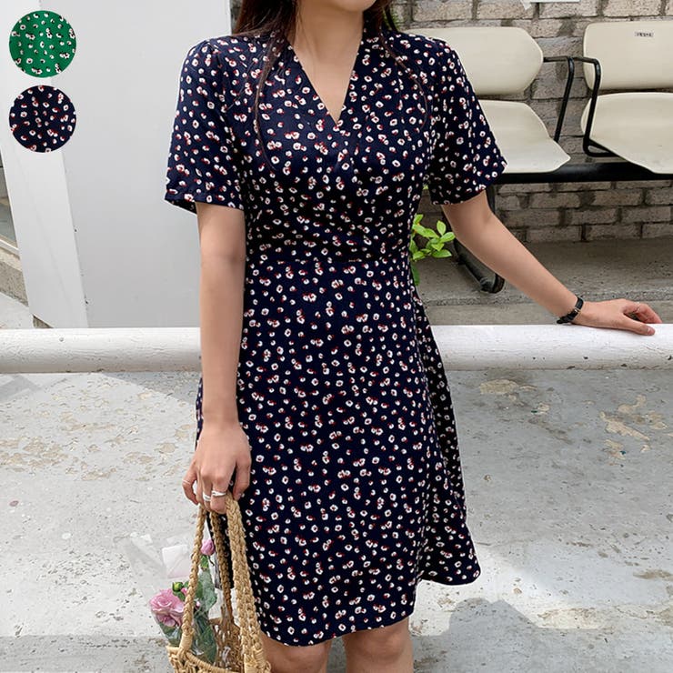 Navy | コットンフラワープリントワンピース バックリボン Vネック | PREMIUM K