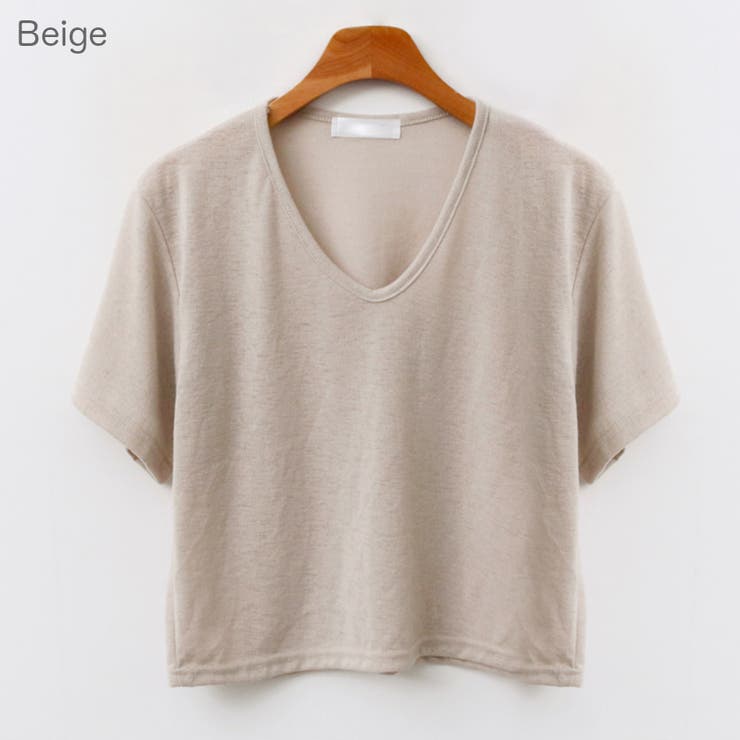 Beige | リネンミックスクロップドTシャツ 半袖 ゆるVネック | PREMIUM K