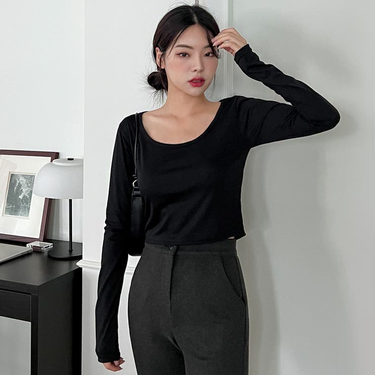 ワイドネッククロップロングTシャツ ロンT クロップド丈[品番