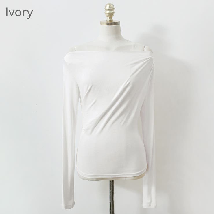 【即納】 シャーリングオフショルダーTシャツ リップネック[品番 ドレープ トップス