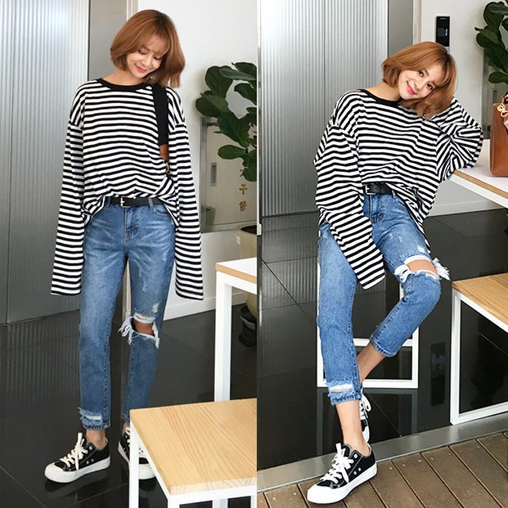 ロングスリーブボーダーTシャツ 長袖 ロンT[品番：AD000007206