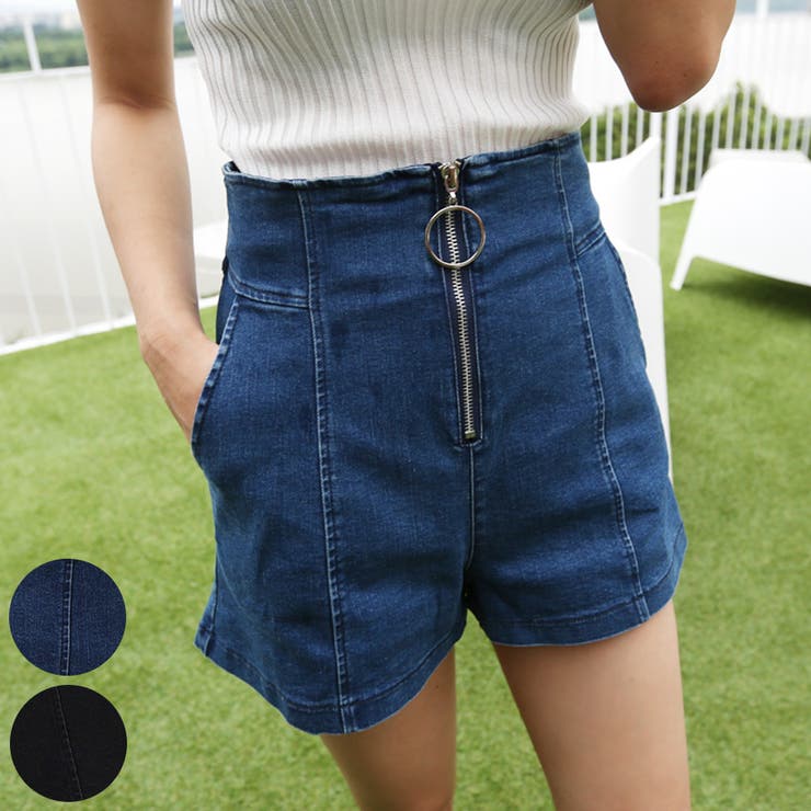 デニムショートパンツ リングモチーフ ファスナー[品番