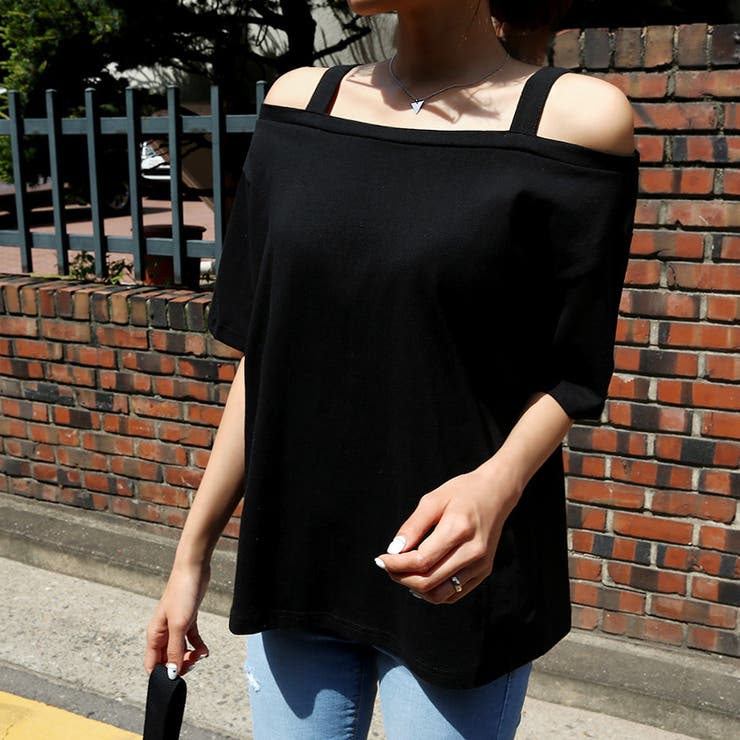 PUTUMAYO オフショルダー Tシャツ ブラック オフショルダーレタリングオーバーサイズ長袖Tシャツ