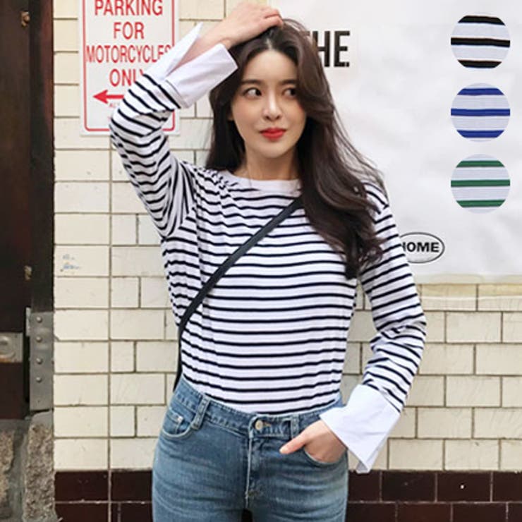 ホワイトスリーブのボーダーTシャツ ロングTシャツ 長袖[品番