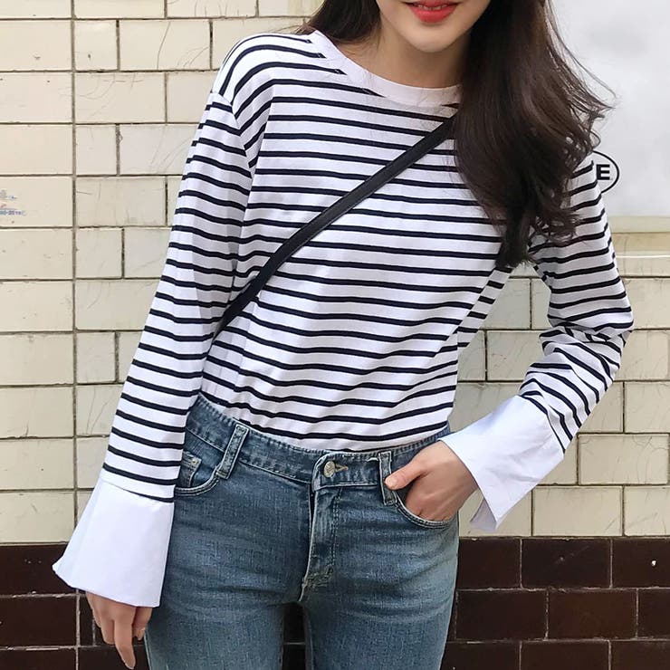 SUMARI ボーダー ロンT ホワイトスリーブのボーダーTシャツ ロングTシャツ 長袖[品番