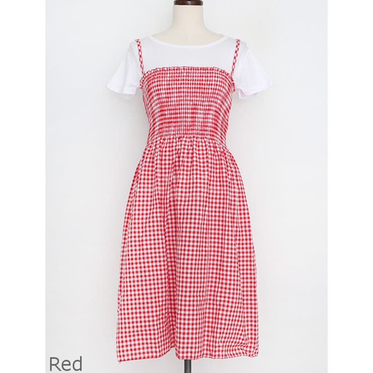 Red | Tシャツ&チェックワンピースセット バストバンディング 伸縮 | PREMIUM K