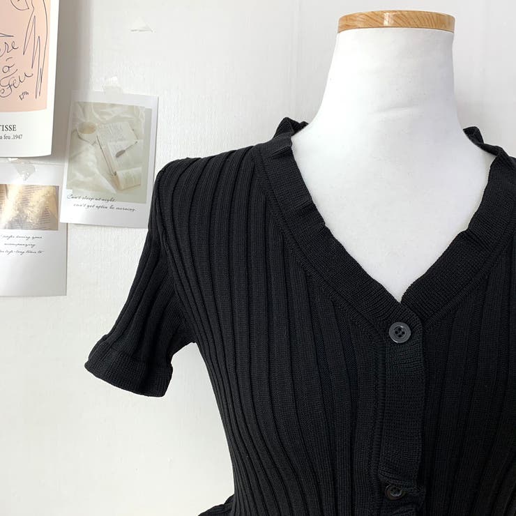 USED ブラック クロップド　カーディガン CITEN>ビッグカラー カタアゼ クロップドカーディガン BLACK