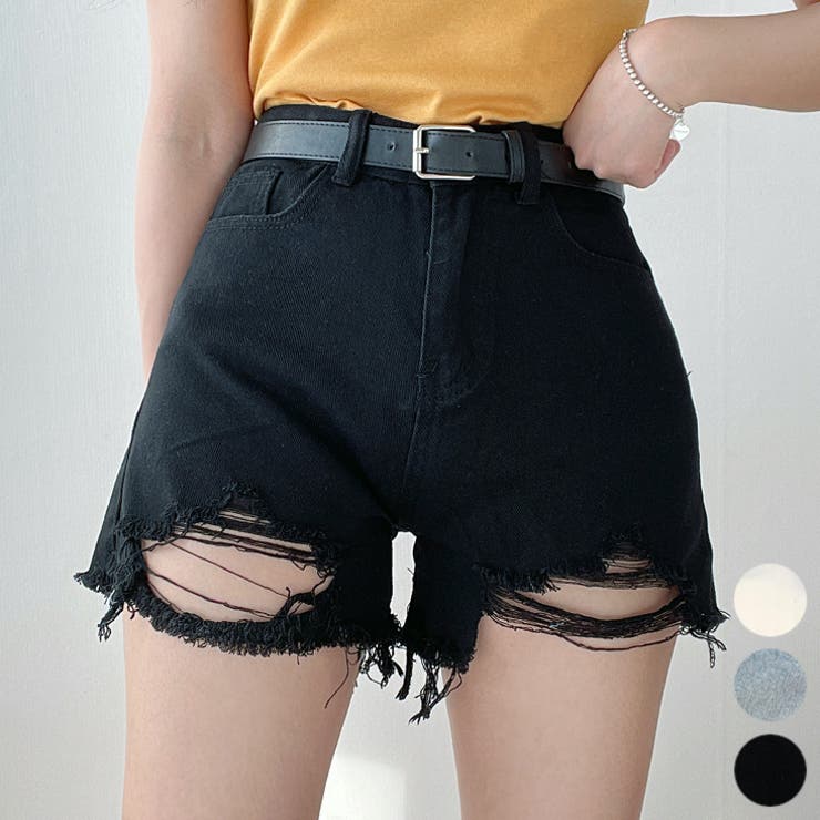 Black | クラッシュデニムショートパンツ 短パン ダメージ加工 | PREMIUM K