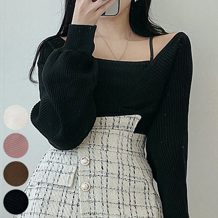 frene ショルダーリブオフショルニット+バックリボンデザインデニム