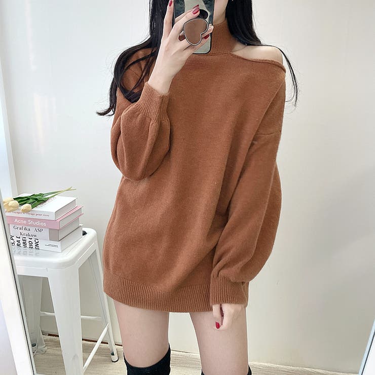 サイドオフショルダーニット ハイネック オフショル[品番