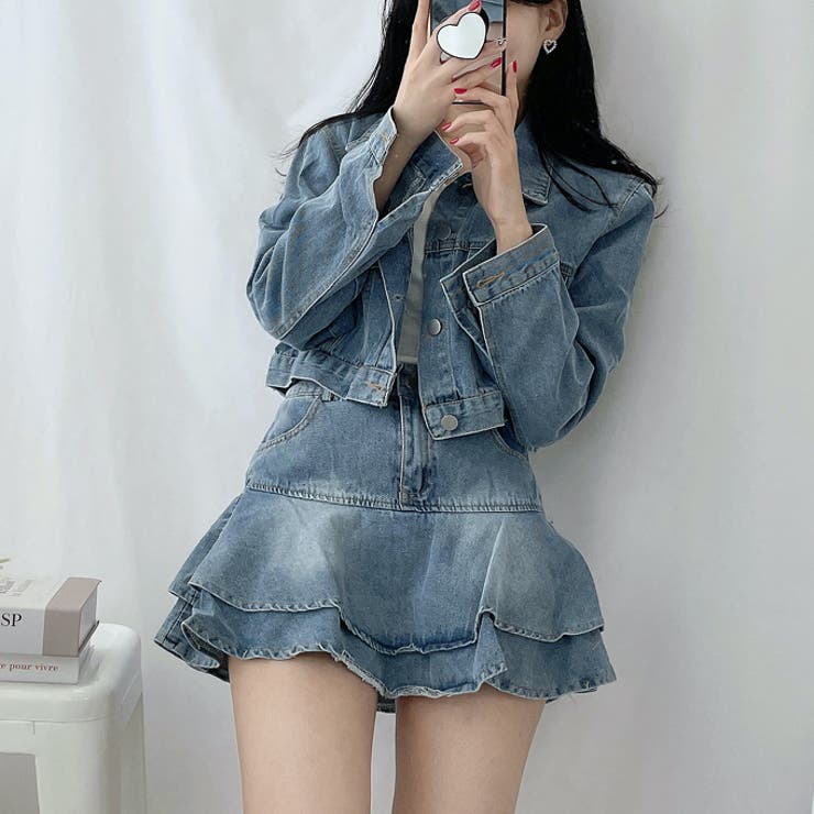 デニムリメイク☆ビッくフレアパンツxフリルスカート☆セットアップ￼ フリルミニスカートデニムジャケットセット セットアップ
