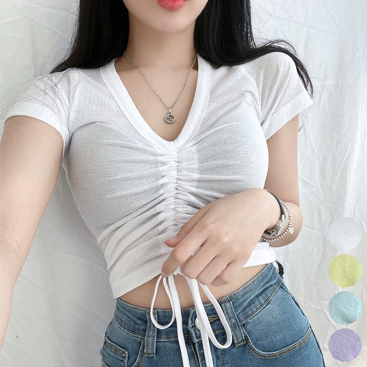 リボンシャーリングクロップドtシャツ Vネック セクシー 品番 Ad Premium K プレミアムケー のレディースファッション通販 Shoplist ショップリスト