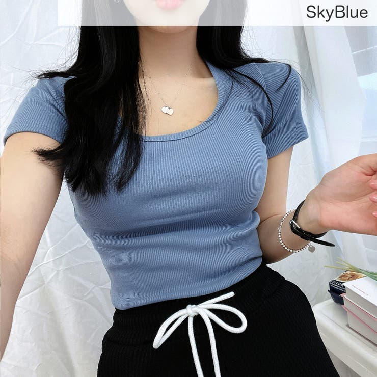 リブUネックスリムフィットTシャツ 半袖 ワイドネック[品番
