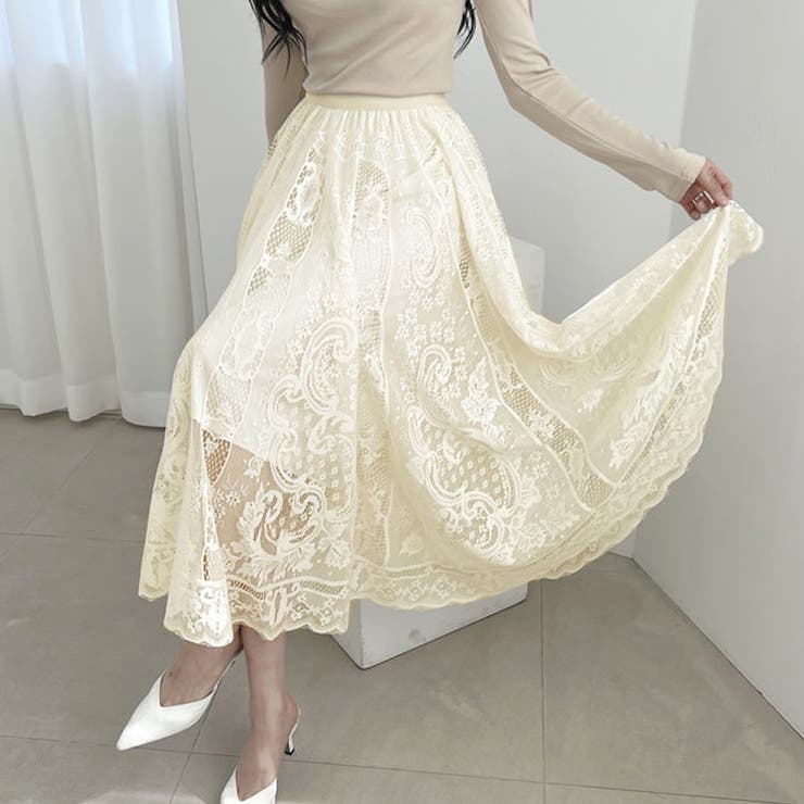 全2色 レース スカート ロング フレア ハイウエスト 上品 韓国 Lace Ladies レースアップ 総レース スカート レディース ハイ