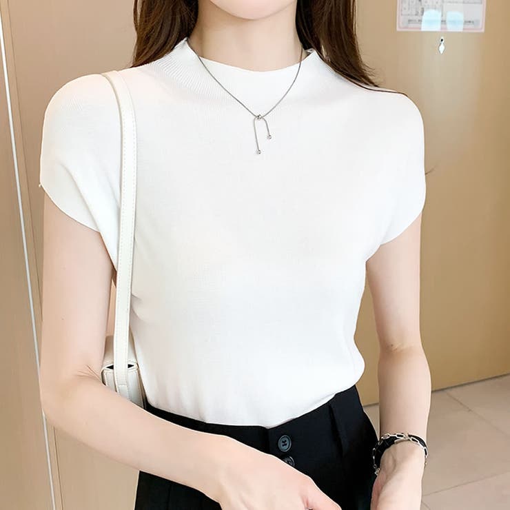 春夏新作 全3色 フレンチスリーブモックネックサマーニット