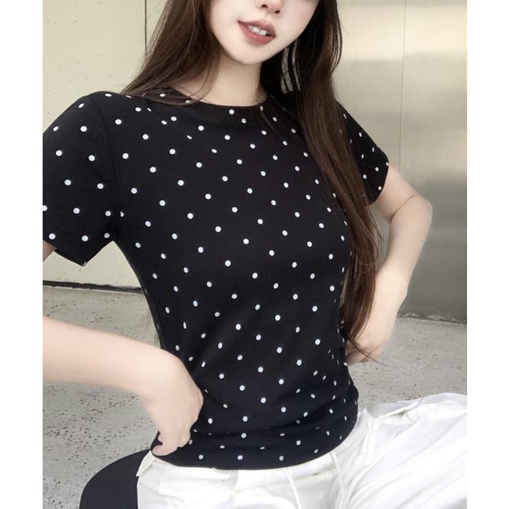 ラウンドネックドット柄Tシャツ[品番：PMZW0002160]｜Primazel