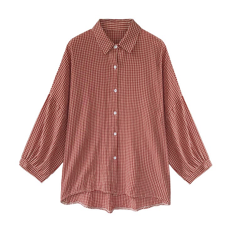 ふんわり袖ギンガムチェック柄シャツブラウス[品番：PMZW0002125