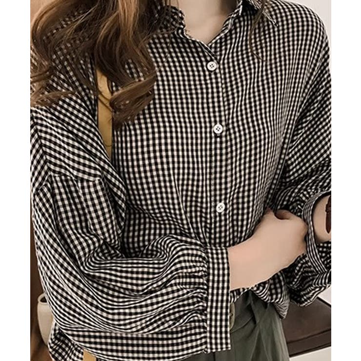 ふんわり袖ギンガムチェック柄シャツブラウス[品番:PMZW0002125 ふんわり袖ギンガムチェック柄シャツブラウス[品番:PMZW0002125