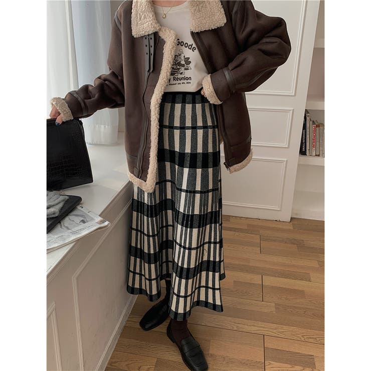 チェック柄ニットロングスカート[品番：PVBW0003555]｜privatebeach