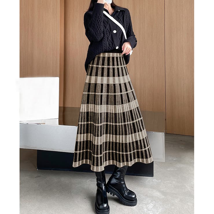 チェック柄ニットロングスカート[品番：PVBW0003555]｜privatebeach