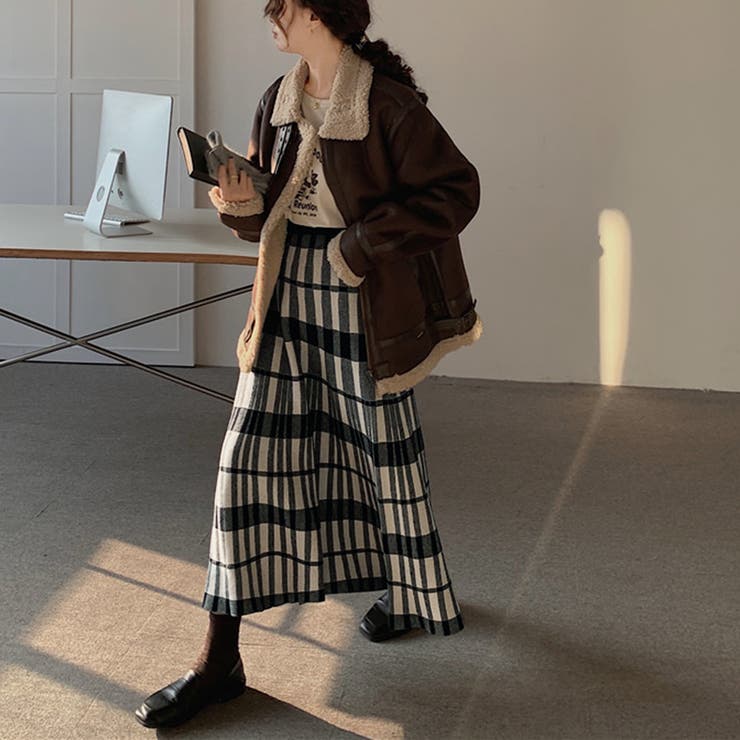 チェック柄ニットロングスカート[品番：PVBW0003555]｜privatebeach