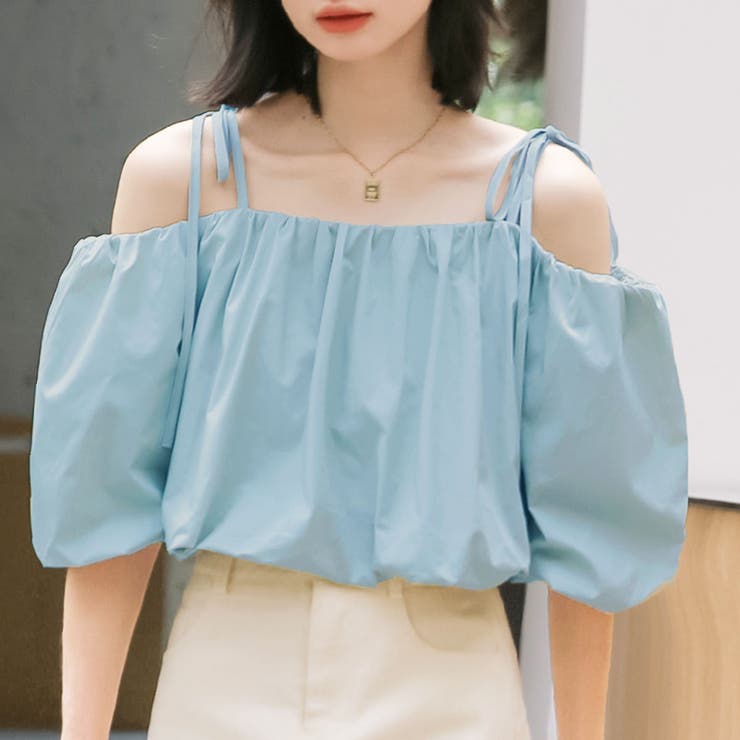 オフショルダーボリュームスリーブショート丈ブラウス[品番