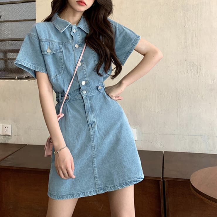 韓国ファッション 半袖デニムワンピース ライン入り ブルー Sサイズ - 2