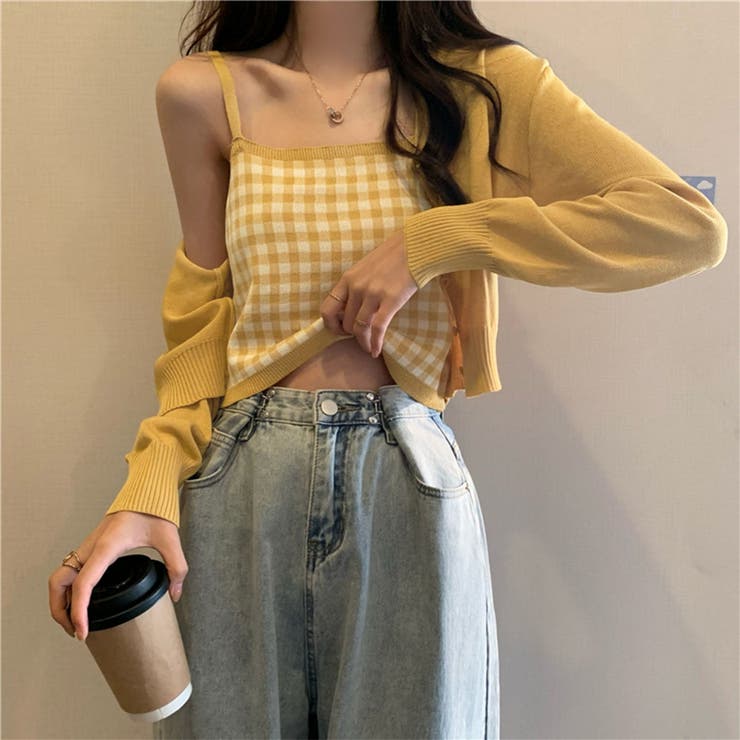 チェック柄ニットキャミ トップス キャミソール[品番