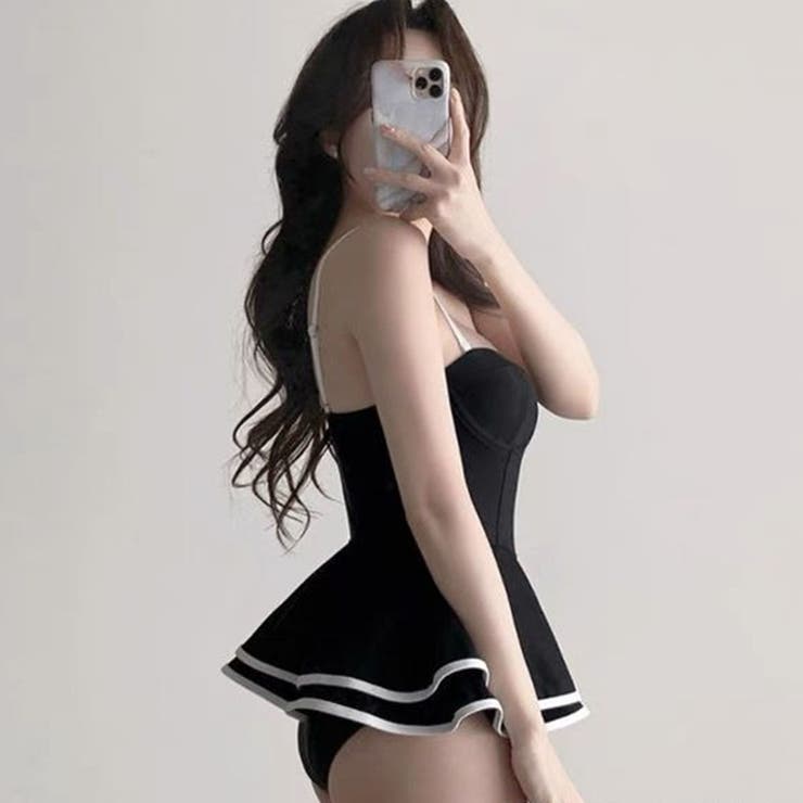 M~XL★女性らしい雰囲気の 配色 フレア ワンピース水着 rw0135 XSFWO10J2 配色 背中魅せ ワンピース 水着