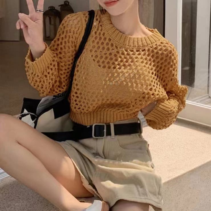 ショート丈メッシュニットトップス[品番：PVBW0008674]｜privatebeach