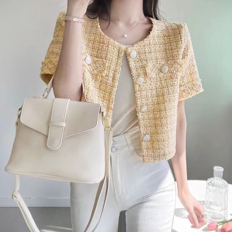 【新品未使用】plage ノーカラー half sleeve ジャケット36半袖 セール】〈手洗い可能〉カラミ ノーラペル 半袖 ジャケット