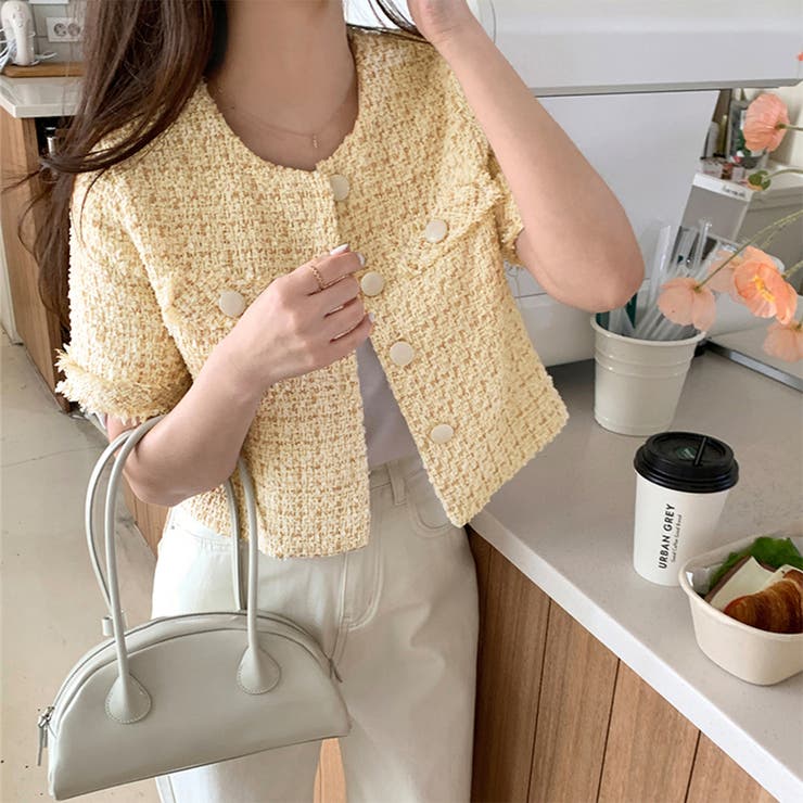 【新品未使用】plage ノーカラー half sleeve ジャケット36半袖 Tiaclasse ジャケット ノーカラージャケット 「大きいサイズ