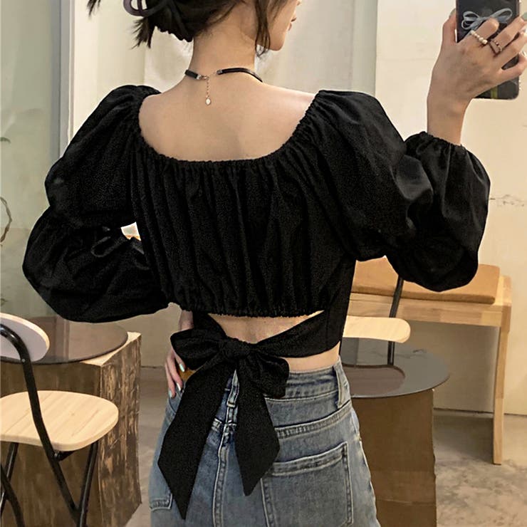 バックリボンクロップド丈ブラウス[品番：PVBW0008780]｜privatebeach