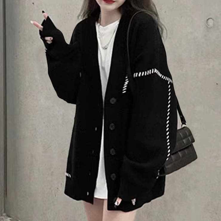 ブラック | ステッチデザインオーバーサイズニットカーディガン | privatebeach