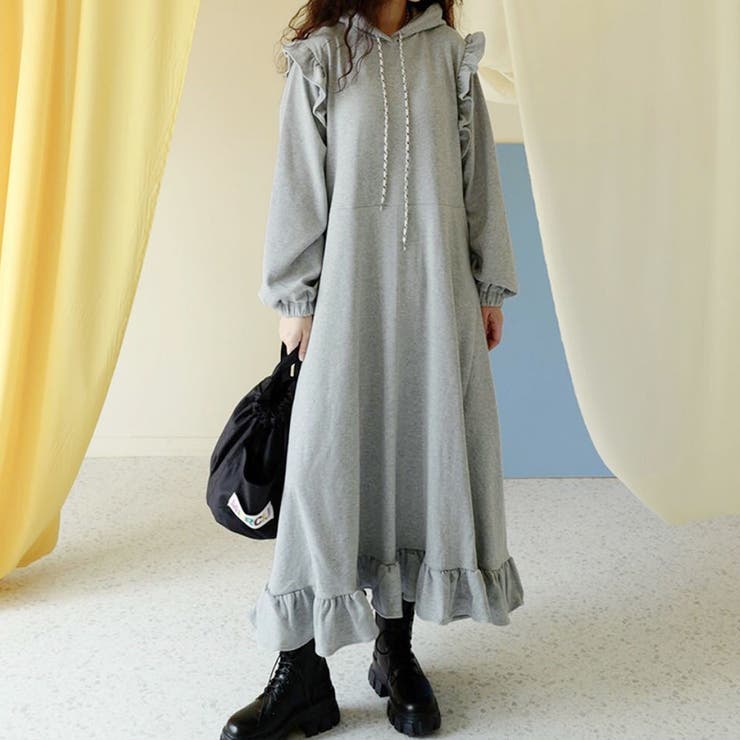 フリルスウェットロングフードワンピース[品番：PVBW0008896