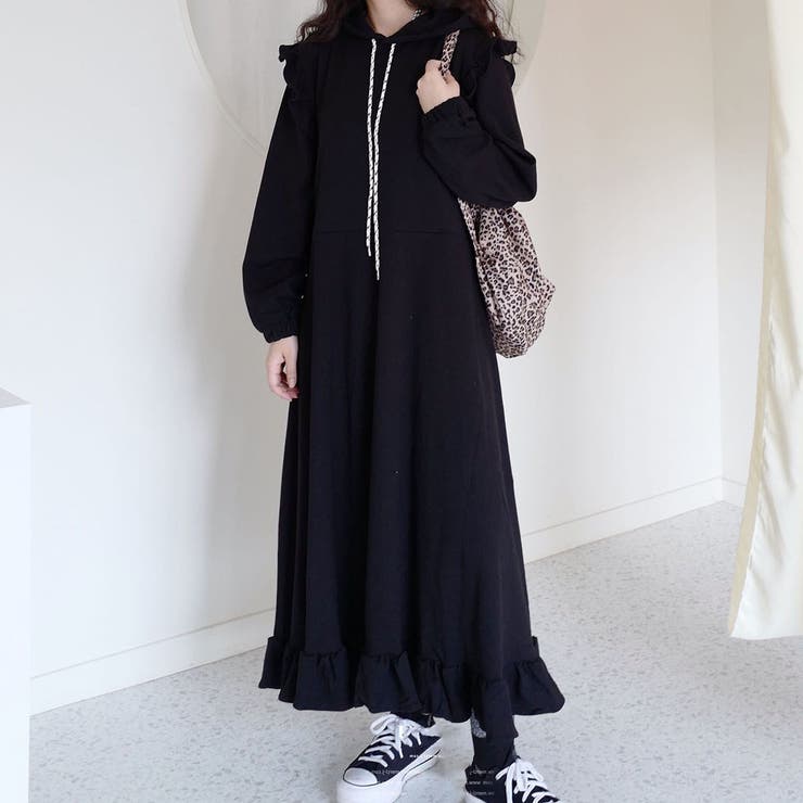 フリルスウェットロングフードワンピース[品番：PVBW0008896