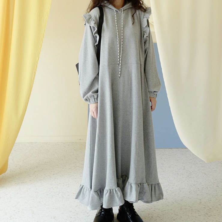 フリルスウェットロングフードワンピース[品番：PVBW0008896