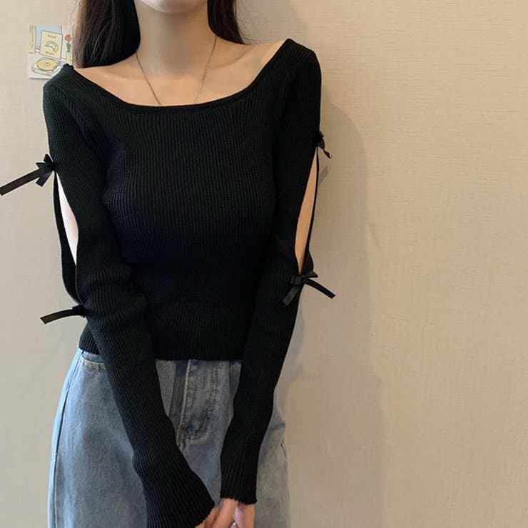 袖リボン付きリブ編みニットトップス | privatebeach | 詳細画像6 