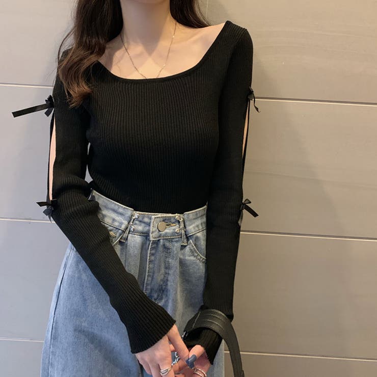 袖リボン付きリブ編みニットトップス | privatebeach | 詳細画像7 