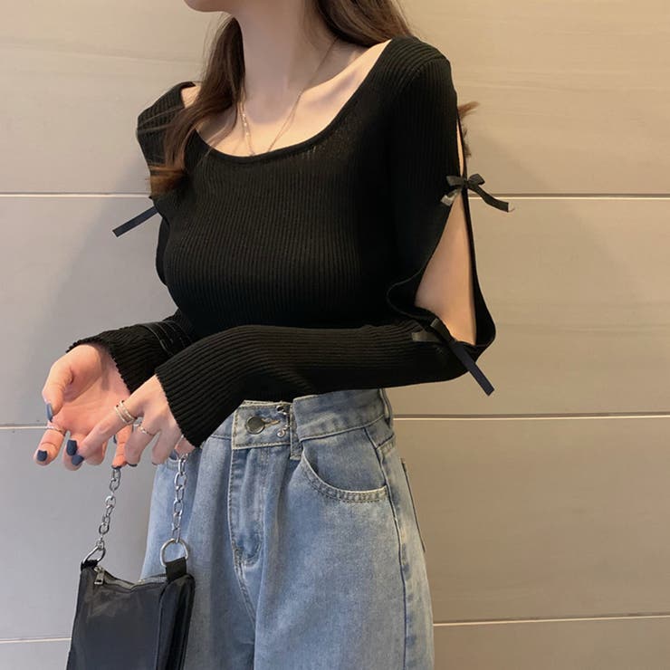 袖リボン付きリブ編みニットトップス | privatebeach | 詳細画像8 