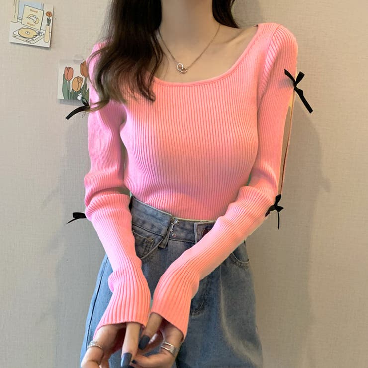 ピンク | 袖リボン付きリブ編みニットトップス | privatebeach