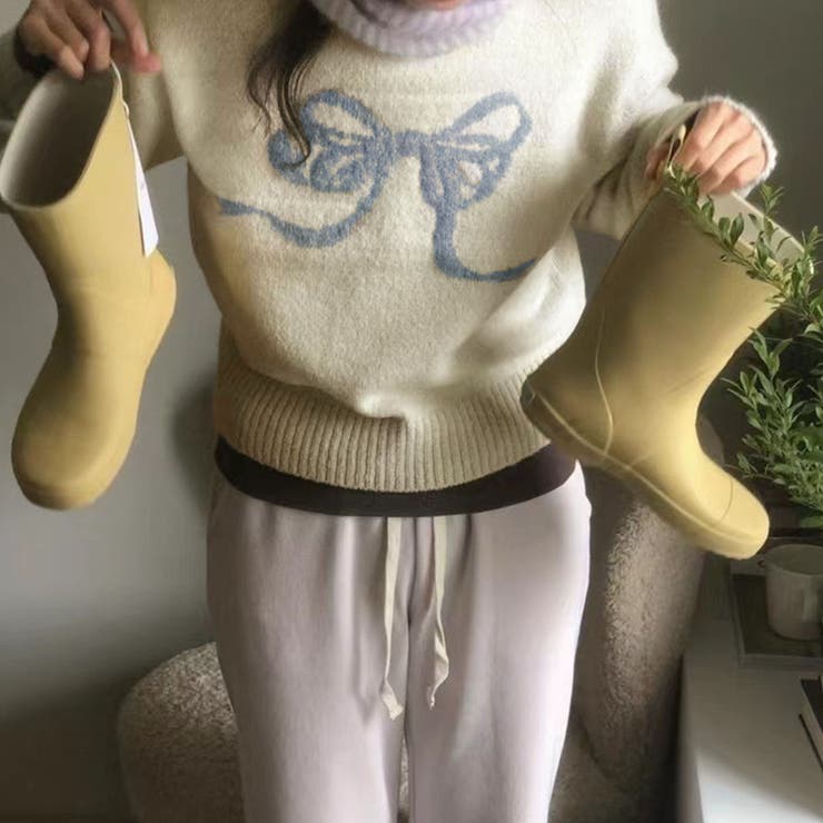 ホワイト×ブルー | リボン柄ニットトップス | privatebeach