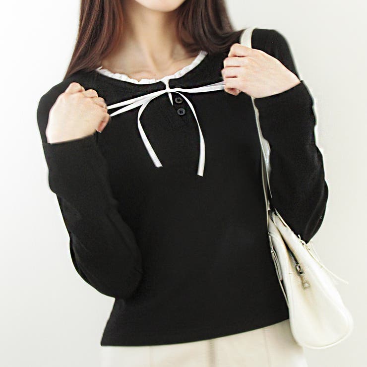 ブラック | フェイクレイヤードリボン使いトップス | privatebeach