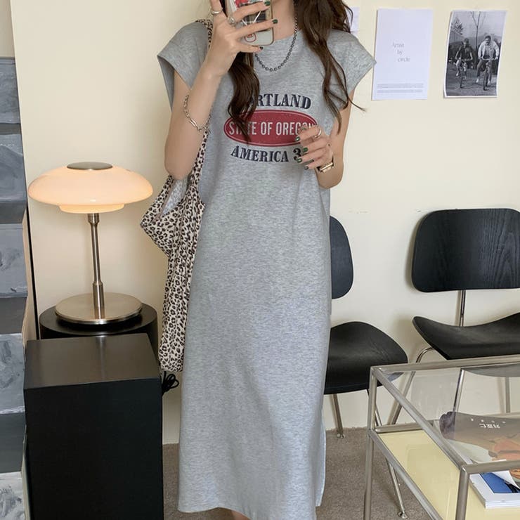 ライトグレー | ロゴプリントフレンチスリーブTシャツワンピース | privatebeach