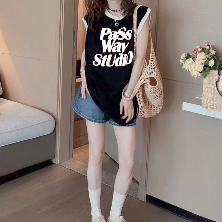 ロゴプリントノースリーブTシャツミニワンピース[品番