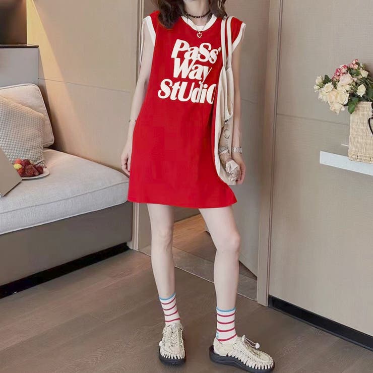ロゴプリントノースリーブTシャツミニワンピース[品番