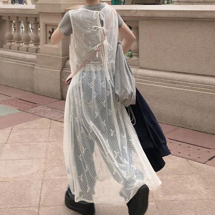 リボン柄シアーノースリーブワンピース[品番：PVBW0009134