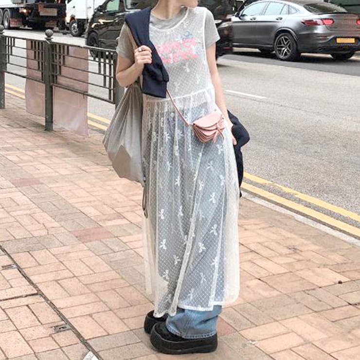 リボン柄シアーノースリーブワンピース[品番：PVBW0009134