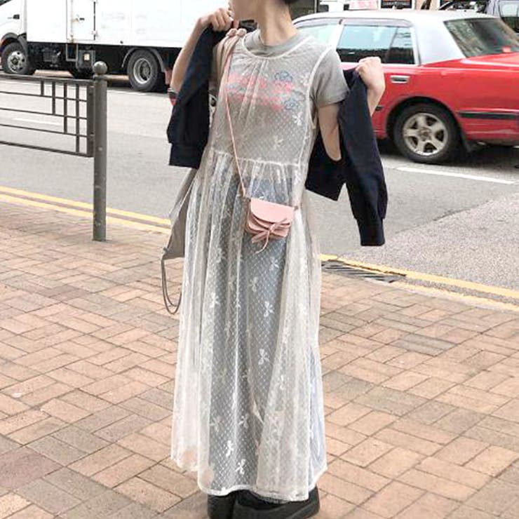 リボン柄シアーノースリーブワンピース[品番：PVBW0009134