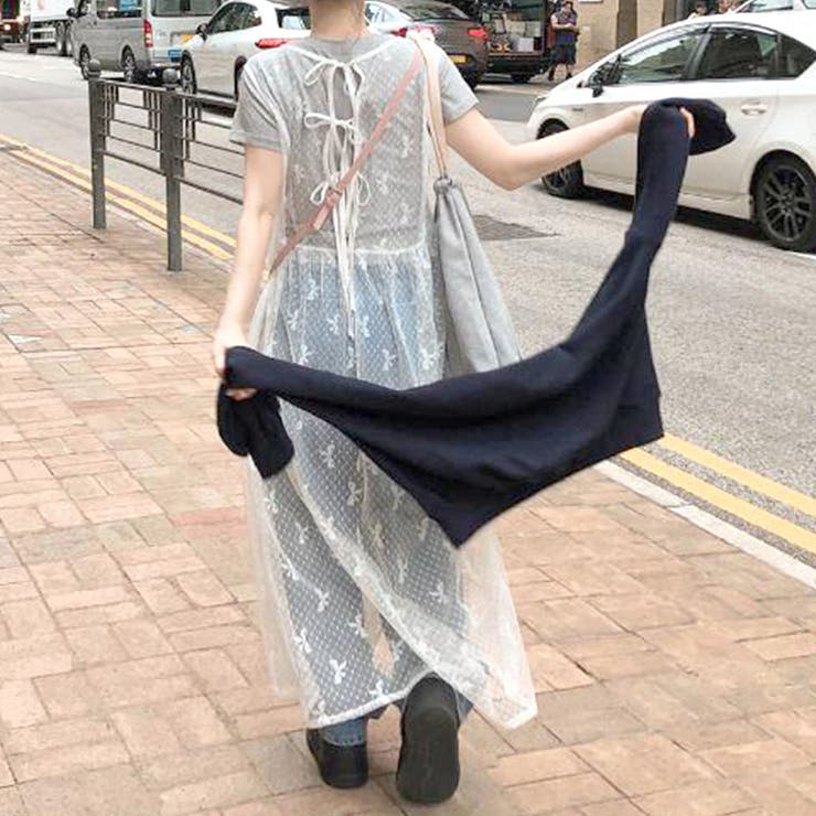 Jane Marple：ネイビー ベロアリボン ホテル柄 ノースリーブワンピース ハートネックフラワーシアージャガードノースリーブワンピース